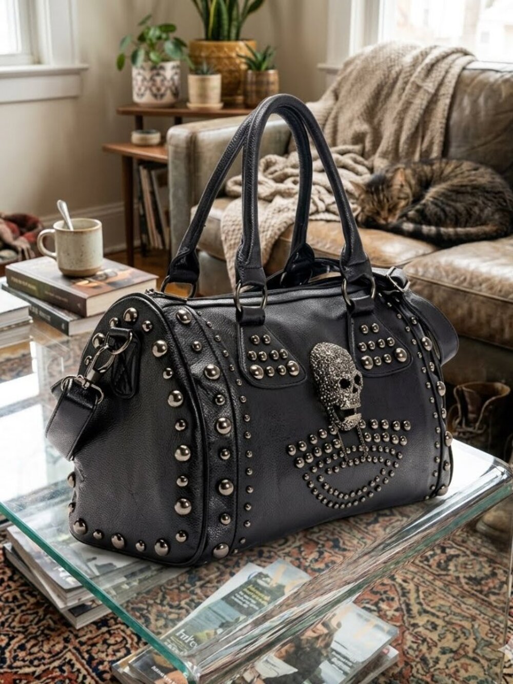 Women Skull Handbag Gothic Rivet Tote Satchel Shoulder Crossbody Bag